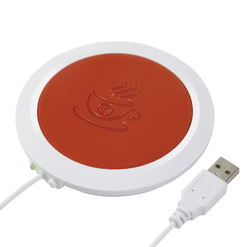 USB-powered insulated heating coaster in PU artificial leather showing black, blue, and orange colour options