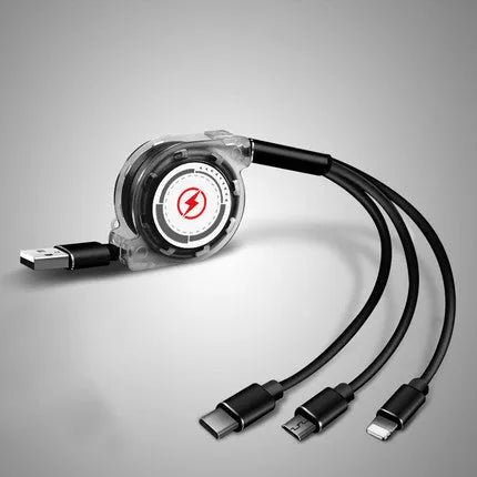 3-in-1 telescopic charging cable with TPE-coated 120cm wire and titanium alloy connectors in multiple colour options