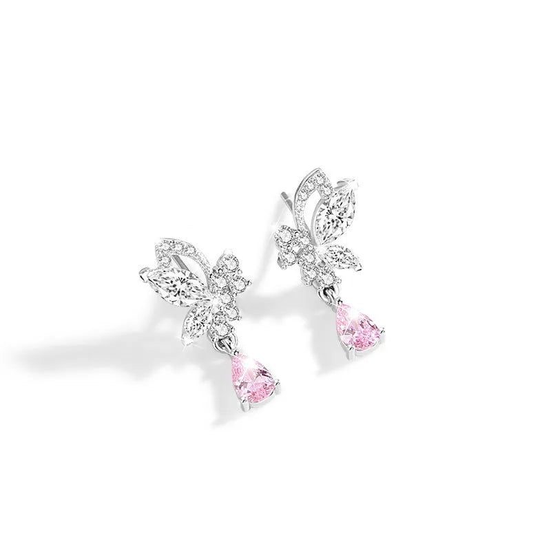 Butterfly design silver stud earrings with crystal accents on 925 silver backing for women