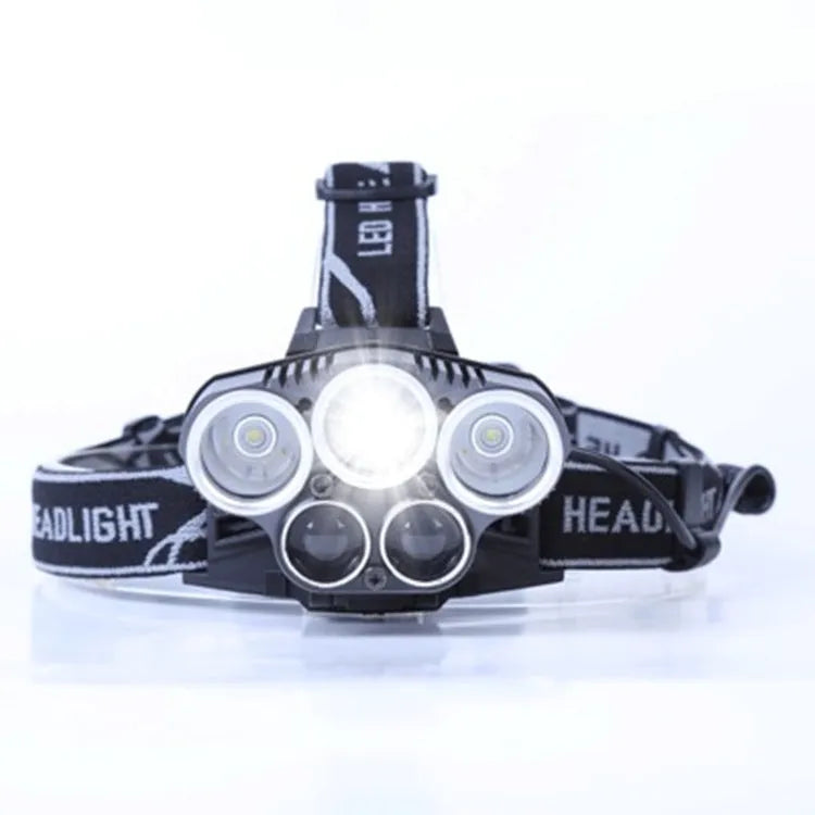 Fixed focus LED head torch with adjustable strap, waterproof construction, and push-button switch for outdoor use