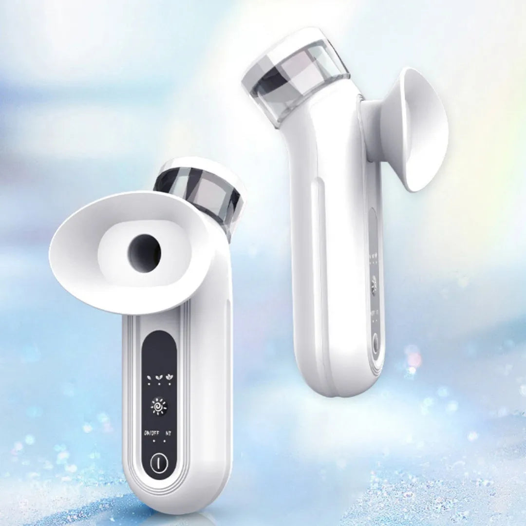 White portable eye therapy device with attached eye mask, showing USB-C charging port and temperature control buttons