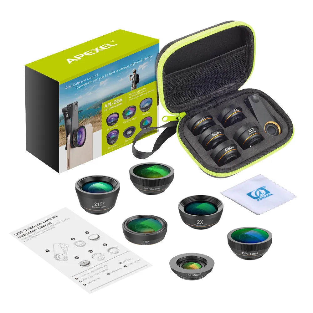 Black 6-in-1 mobile phone lens kit with fisheye, wide-angle, macro, telephoto, CPL and star filters in EVA case