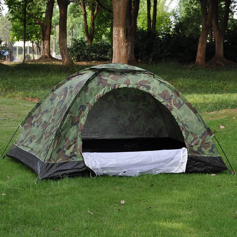 Green camouflage tent with steel ground nails, triangular skylight, and mesh panels for outdoor use