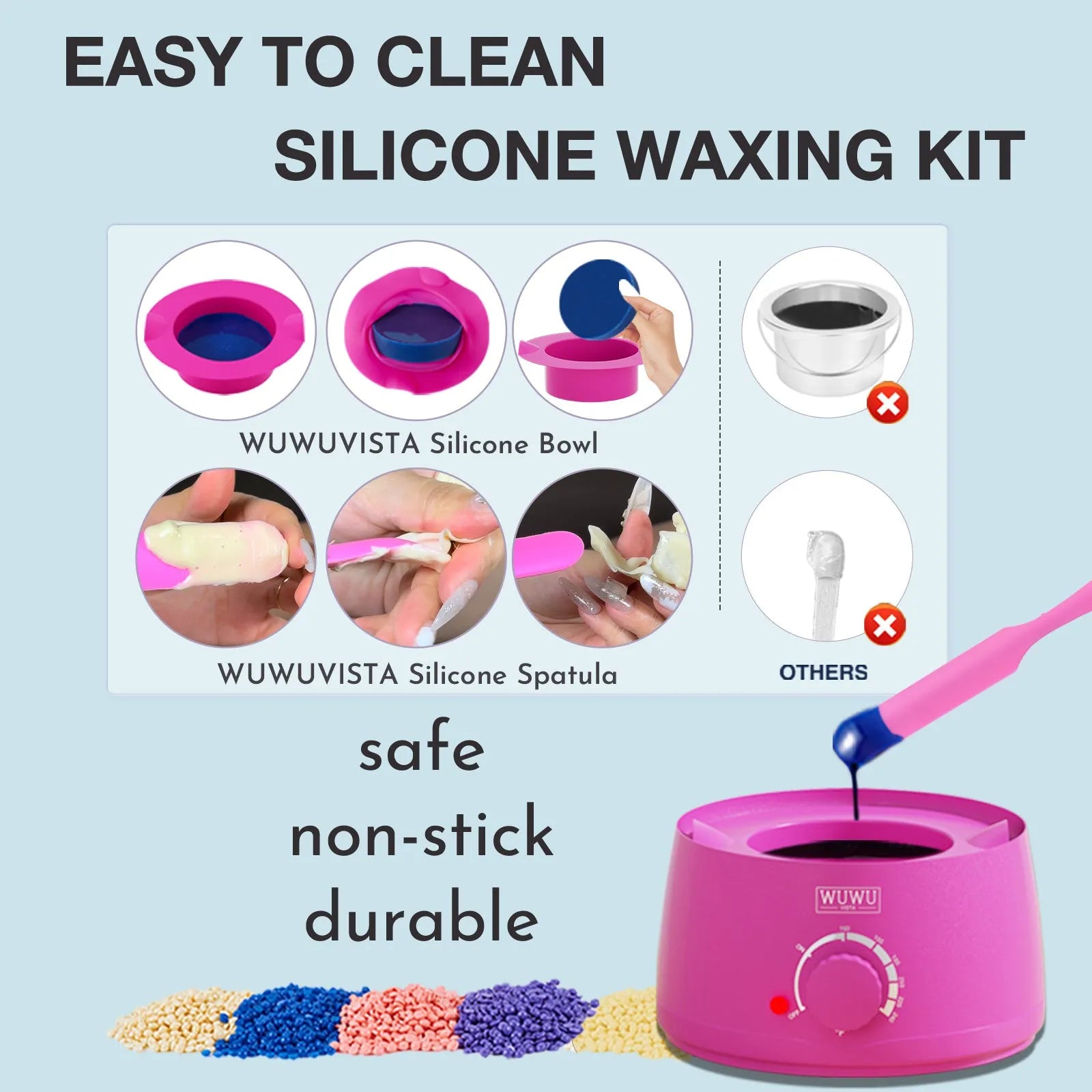 WUWUVISTA waxing kit with 200cc warmer, wax beads, and 63 pieces for home hair removal