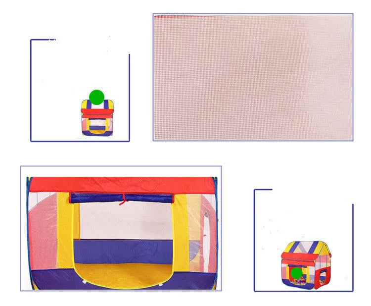 Large blue outdoor children's play tent with roll-up mesh curtain in garden setting