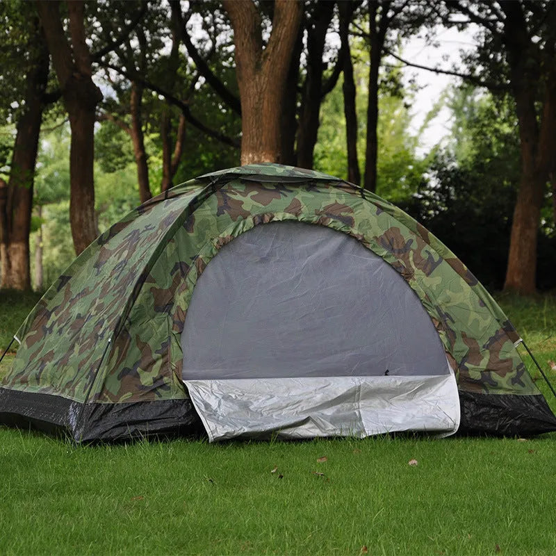 Green camouflage tent with steel ground nails, triangular skylight, and mesh panels for outdoor use