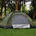 Green camouflage tent with steel ground nails, triangular skylight, and mesh panels for outdoor use
