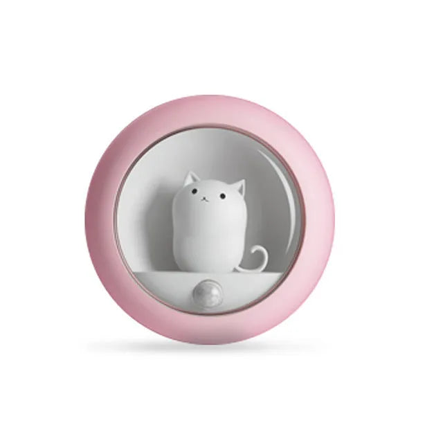 Cute cat LED night light, 79 x 79 x 33 mm, USB rechargeable, dual sensor, magnetic, lanyard, bracket, Pink White Yellow