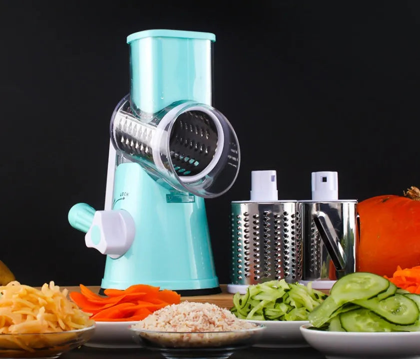 Manual round mandoline slicer vegetable cutter with stainless steel blades in blue colour