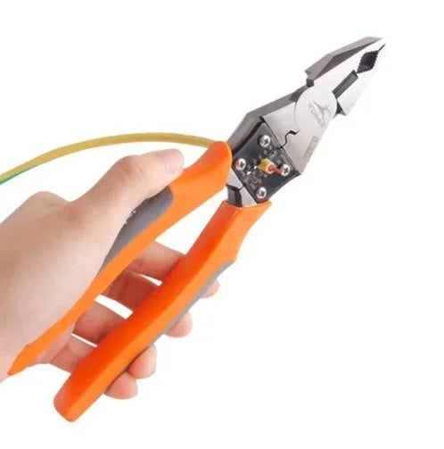 Orange multi-function wire cutter with chrome molybdenum steel head and textured PVC handles for electrical work