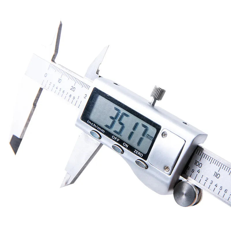 Deli stainless steel digital vernier caliper showing digital display and measuring jaws.