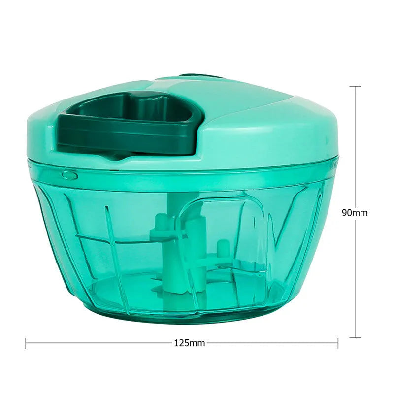 Green manual kitchen chopper with three stainless steel blades and a 500ml transparent container.