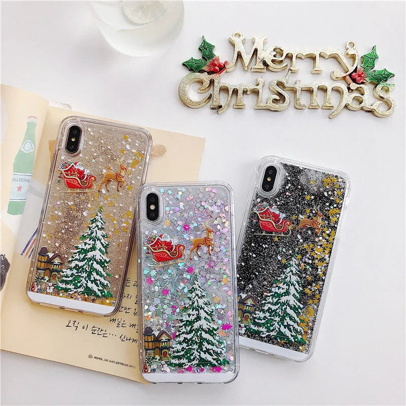 Transparent Christmas quicksand iPhone case with Santa Claus snowflake design on iPhone