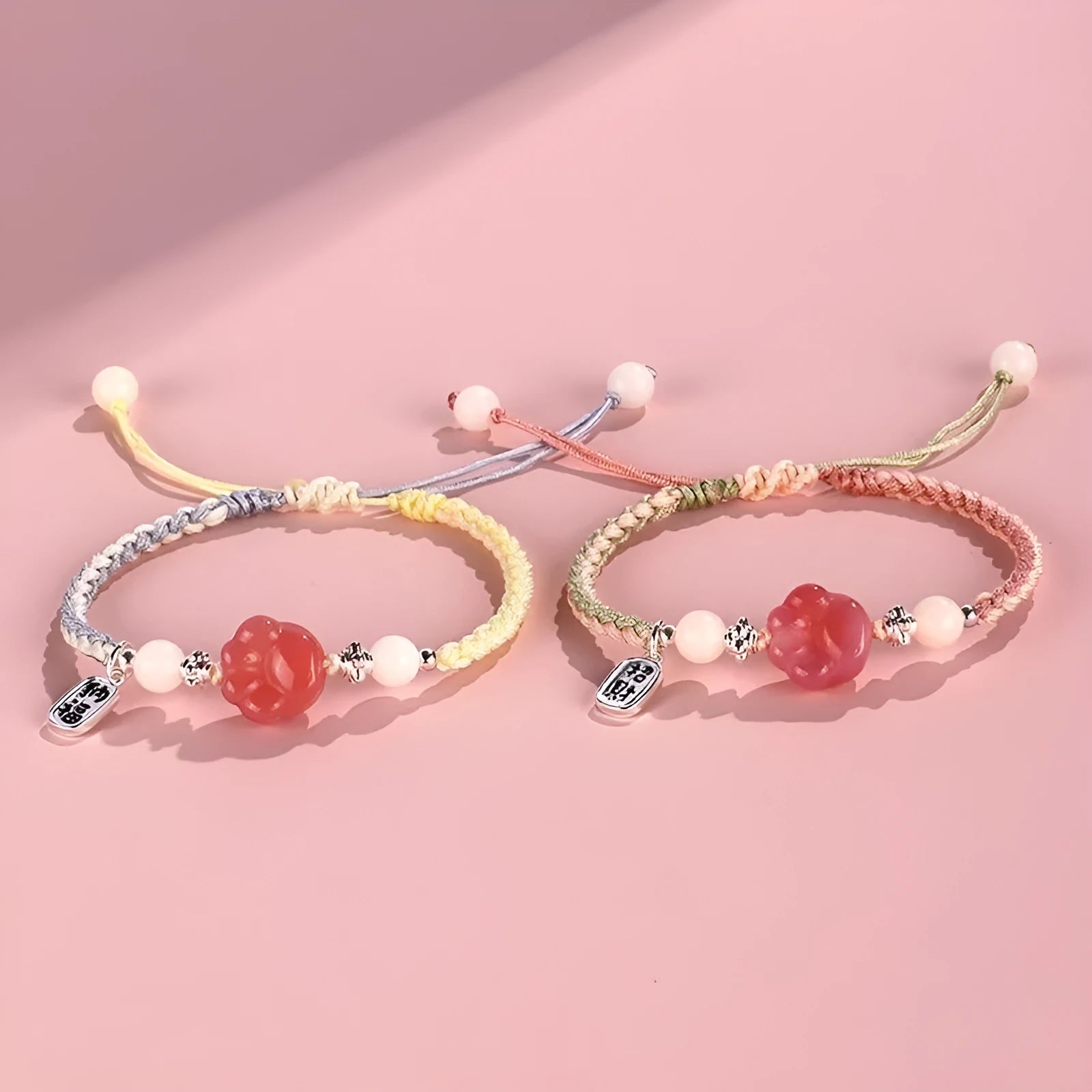 Red cat's paw couple bracelet with woven glass beads in handcrafted pastoral design