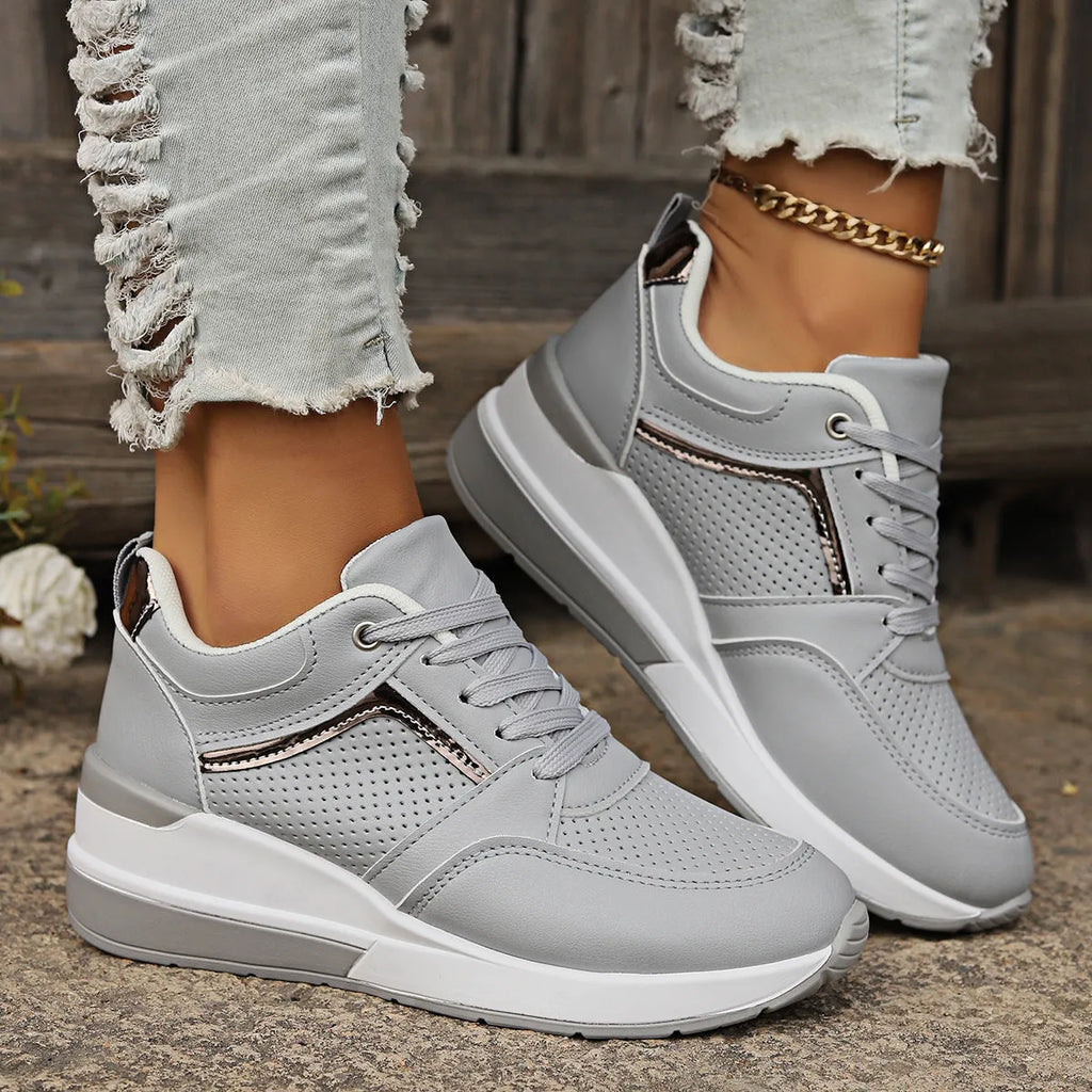 Women's milky white wedge platform casual shoes with lace-up front on a rubber sole.