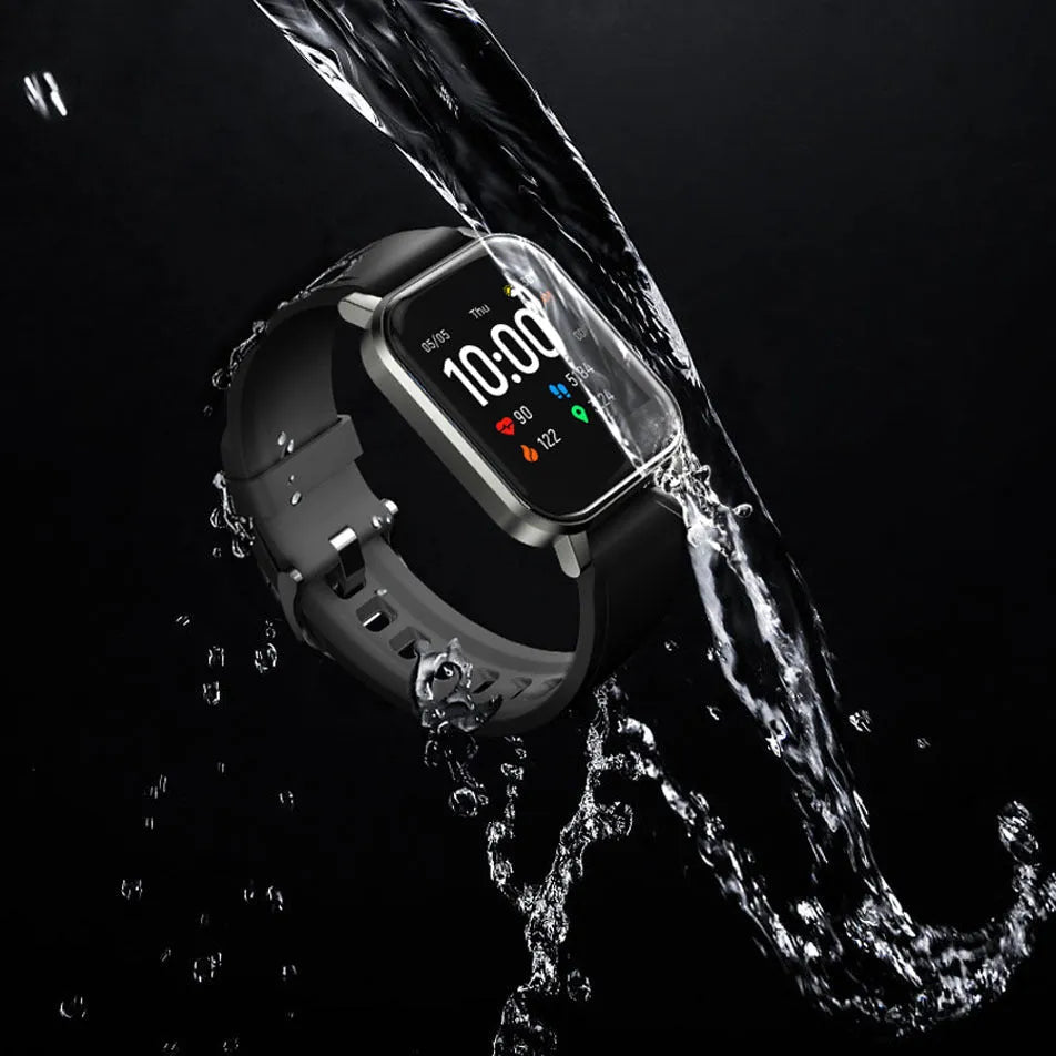 Black waterproof smart bracelet with 1.4-inch HD screen on silicone strap, showing health monitoring display