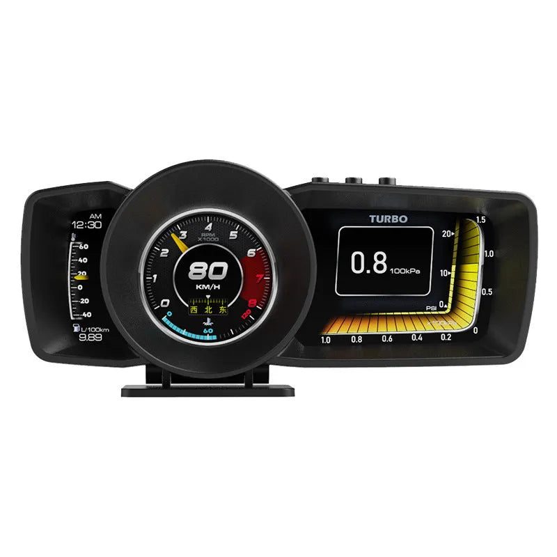 Monitor Driving Computer A600 with 480x320 TFT screen on vehicle dashboard, showing OBDII connection and multilingual display options.