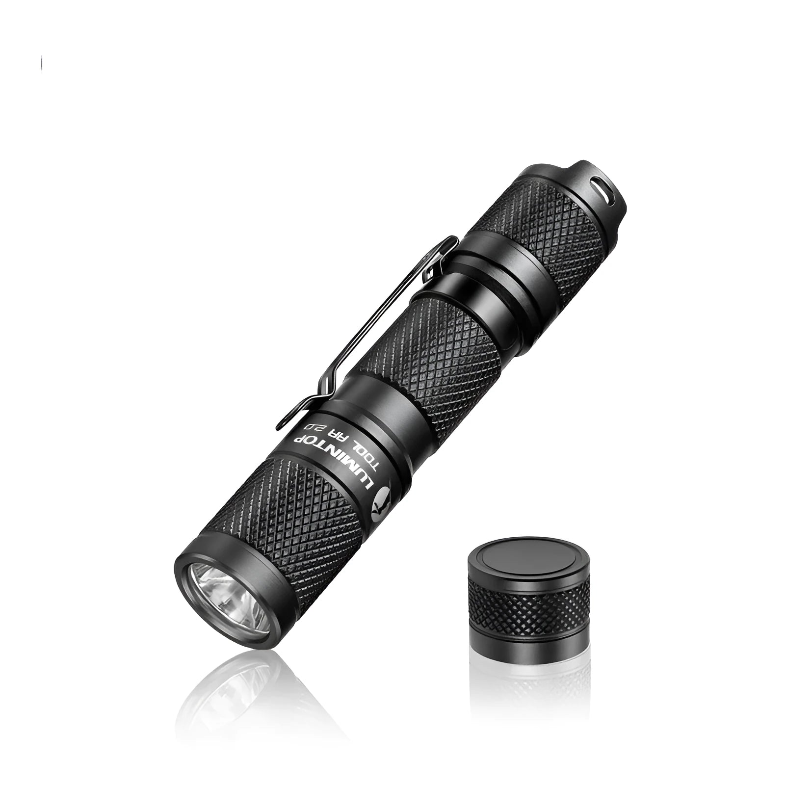 Lumintop Tool AA 2.0 black aluminium keychain flashlight with magnetic tail cap attached