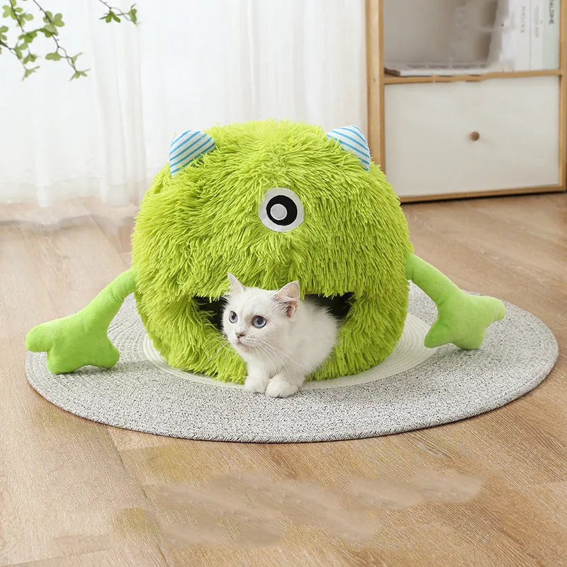 Round fluffy plush cat bed with non-slip base in three sizes for indoor pets