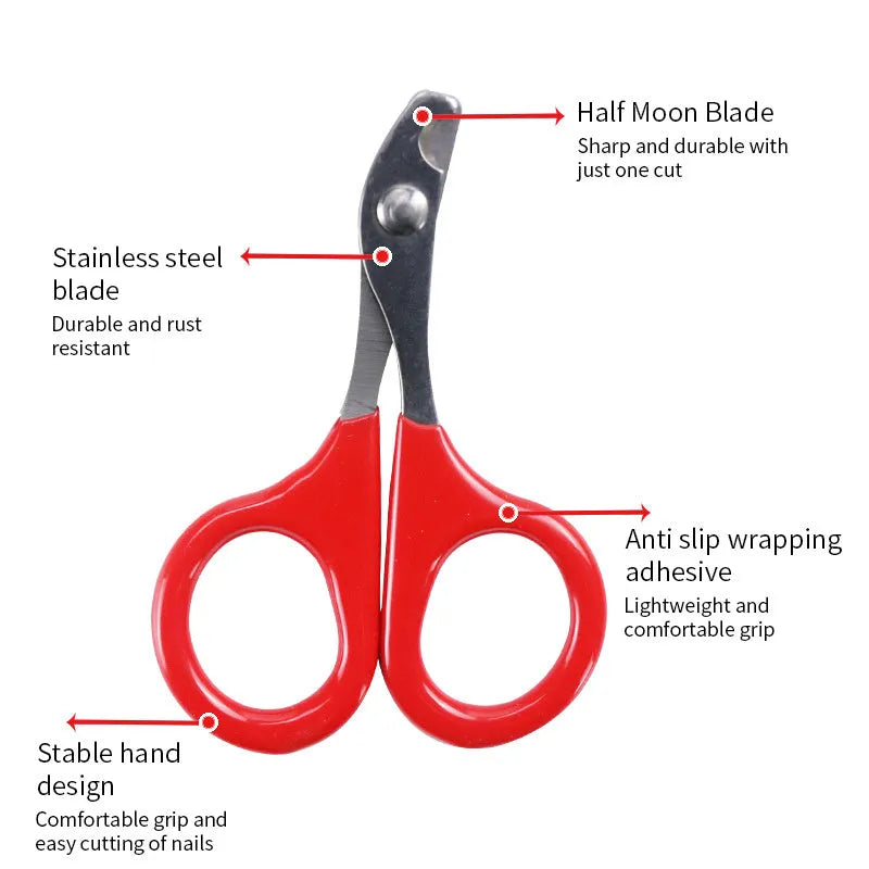 Professional stainless steel pet nail clippers with coloured plastic and rubber handle.