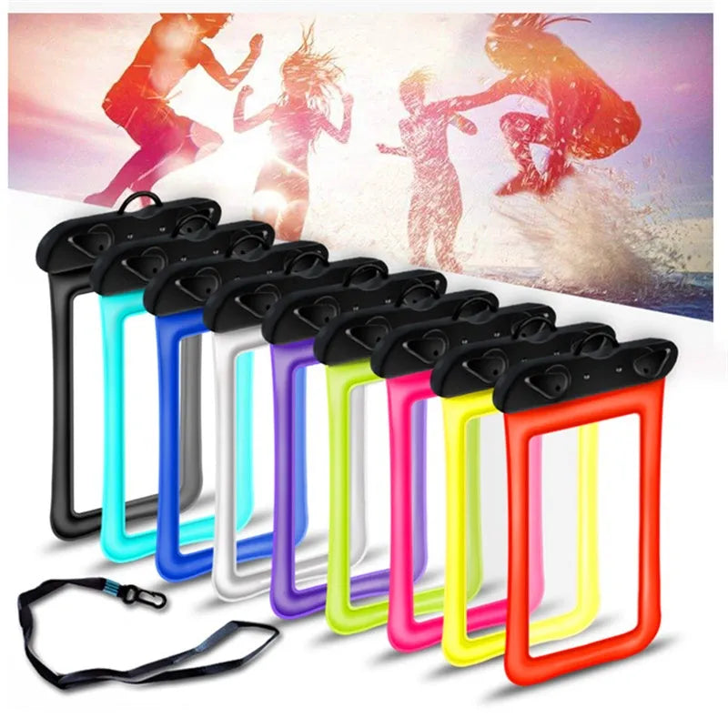 Double airbag mobile phone waterproof bag in orange with 45cm rope and ABS switch, showing lightweight design