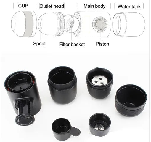 Black portable manual coffee machine showing compact size for travel