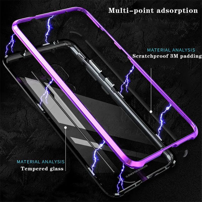 Magnetic phone case with 9H tempered glass back and metal frame in black, showing precise port cuts