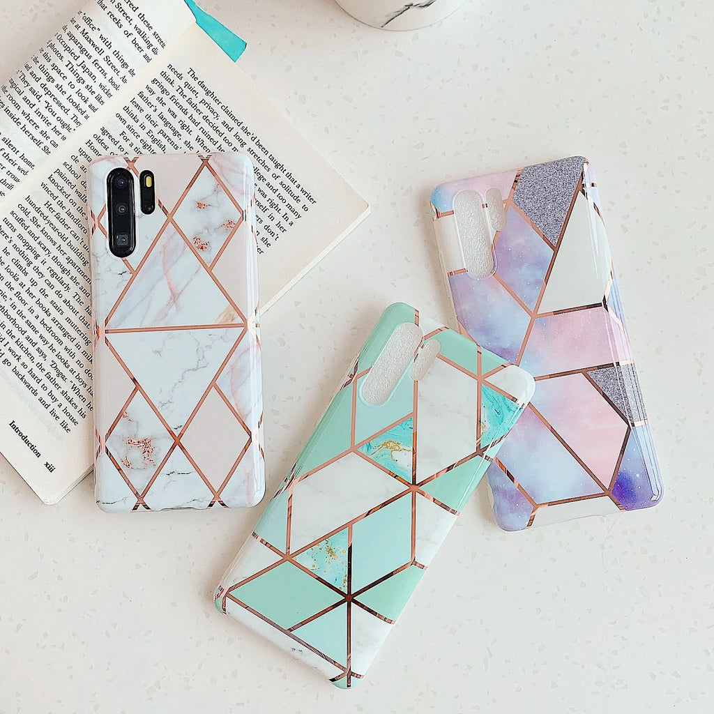 Electroplated marble finish TPU phone case showing back cover design for Huawei and Samsung smartphones