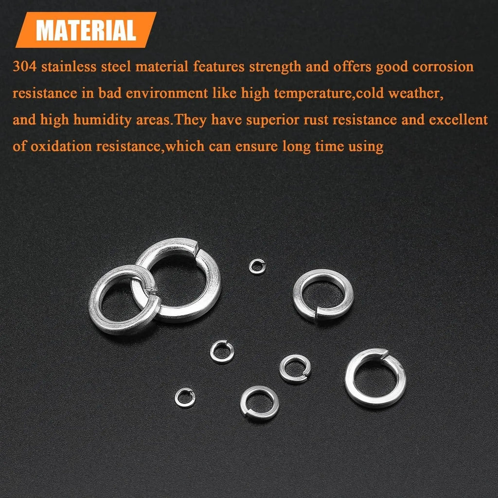 304 stainless steel spring lock washer combination box with 900 pieces covering 2-12mm diameters