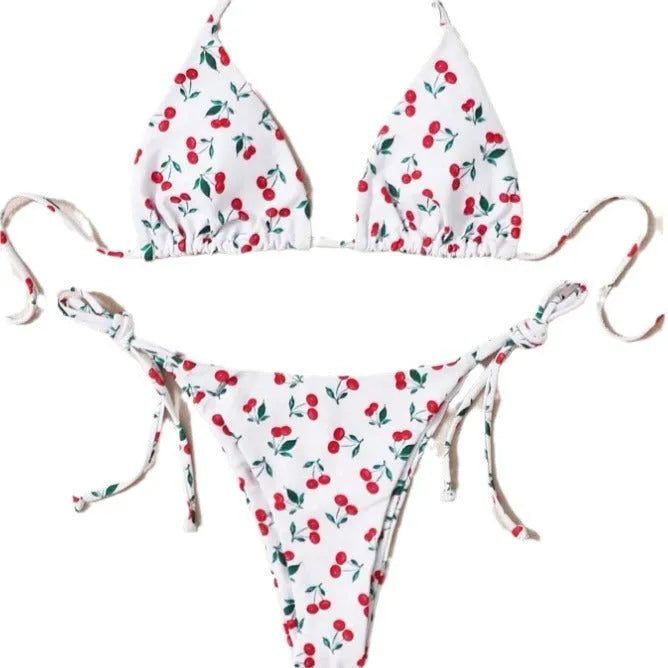 Solid colour women's halter bikini set with briefs and backless design.