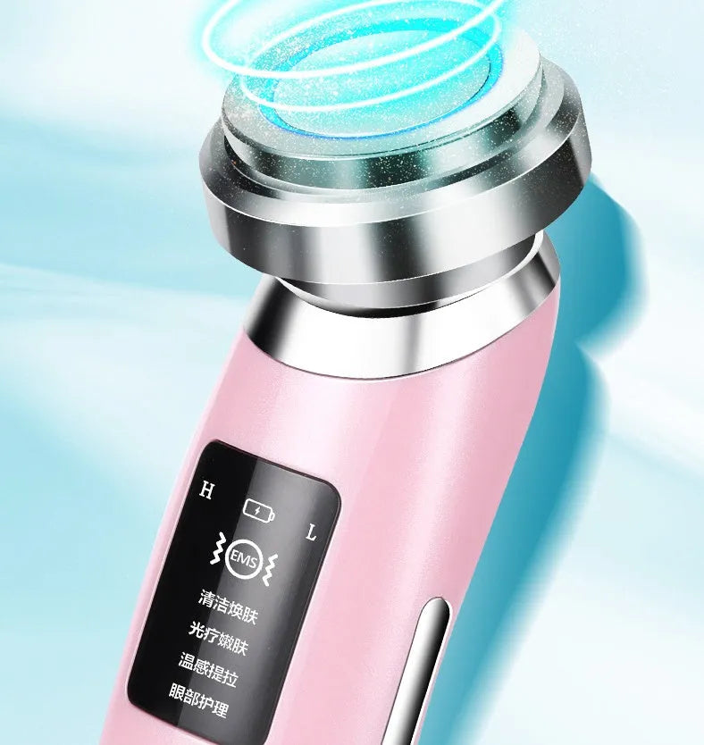 Pink LED cleansing and rejuvenating beauty instrument with facial brush, 185mm length handheld design