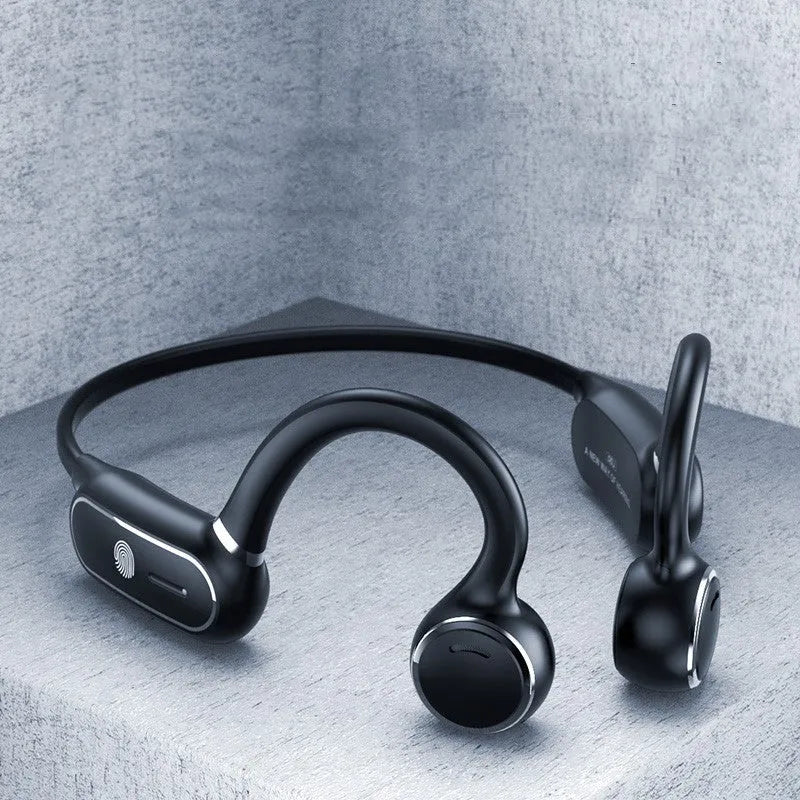 Black air conduction Bluetooth earphone with titanium alloy wire frame and touch controls