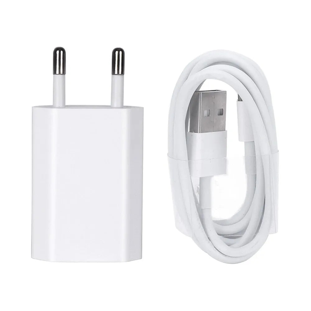 5V2A USB charger with cable for iPhone and iPad models showing 220V input and 5V output specifications