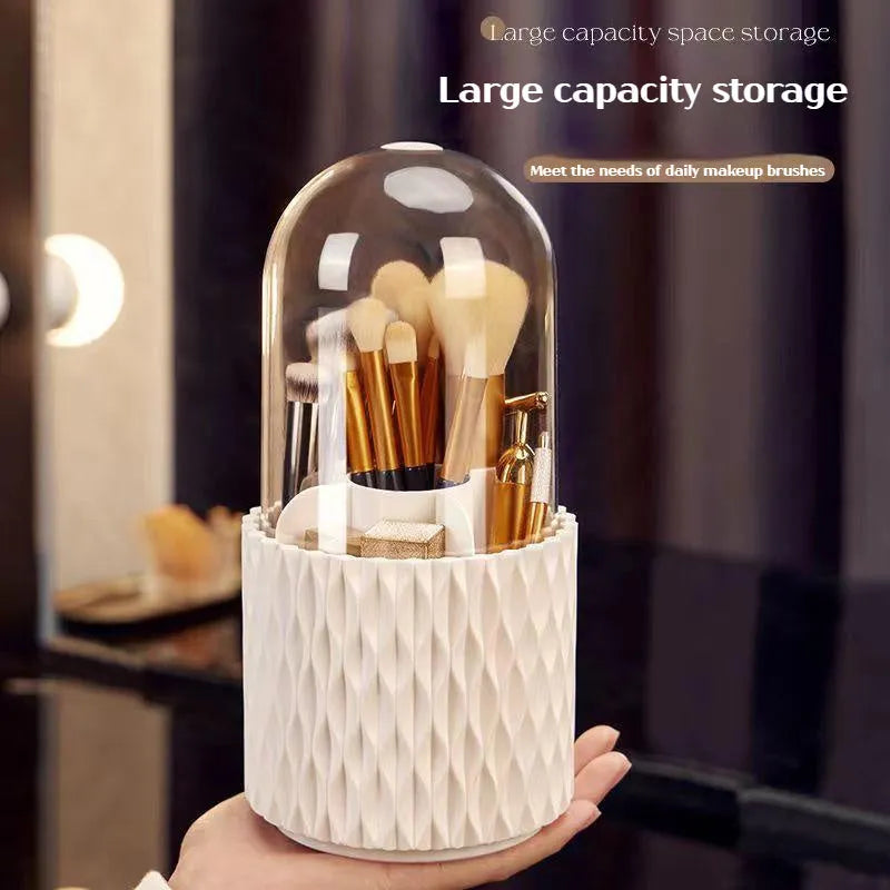 White rotating acrylic makeup brush storage box with transparent lid on desktop