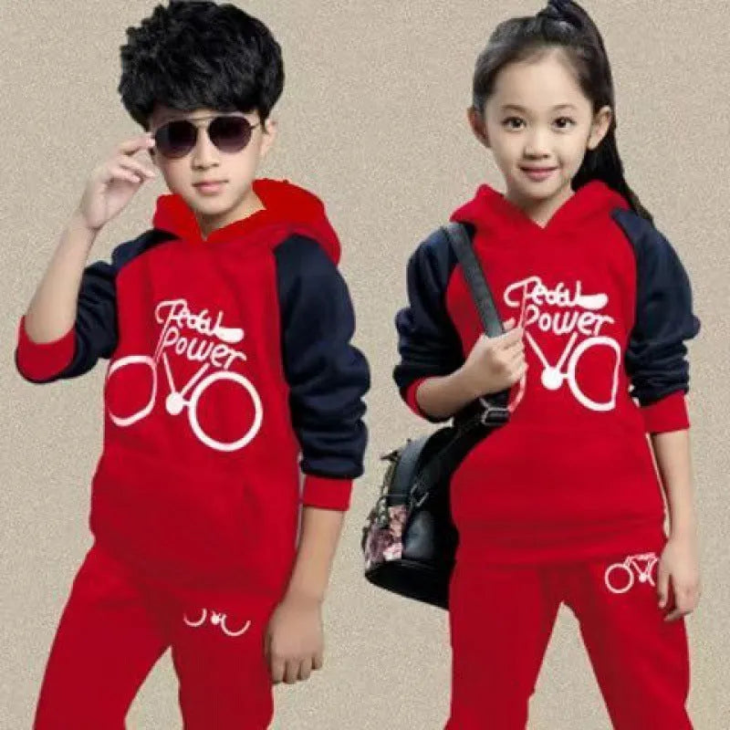 Older child wearing a black Korean-style printed sports suit two-piece set.