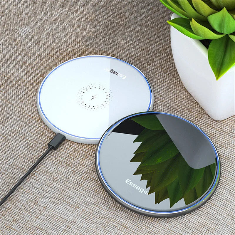 Black or white wireless charging pad with aluminium alloy surface and LED light, measuring 10.1cm by 7cm