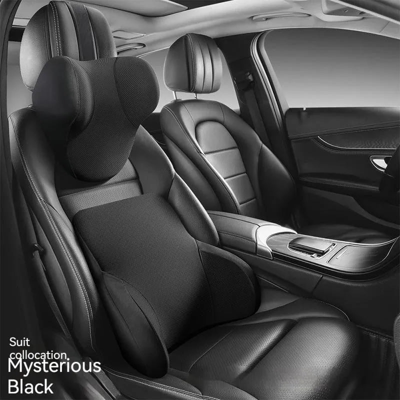 Memory foam car lumbar support pillow and headrest set with knitted fabric cover in assorted colours.