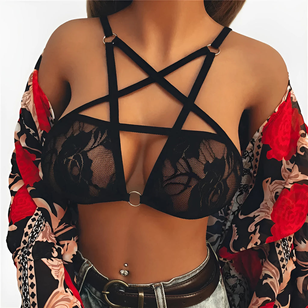 Black Gothic Pentagram lace bra with 3/4 cup, no steel ring, fixed straps and lace side detail.