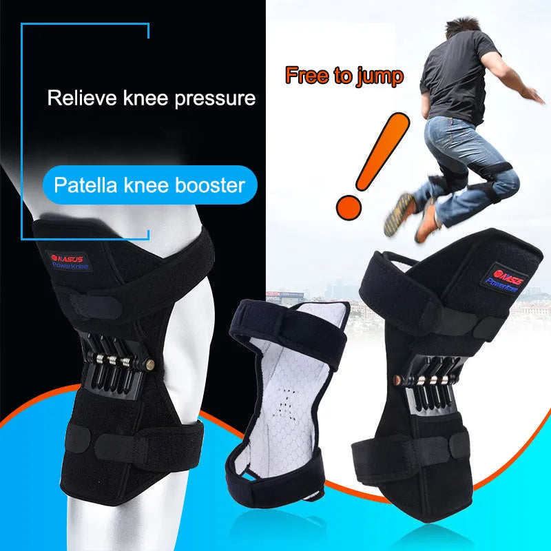 Knee brace with patella booster spring, adjustable length, breathable fabric, for mountaineering and sports support