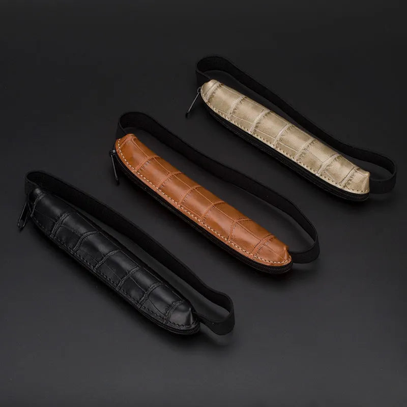 PU leather office pencil case measuring 16.5cm long in beige grey, black, and crocodile pattern colours