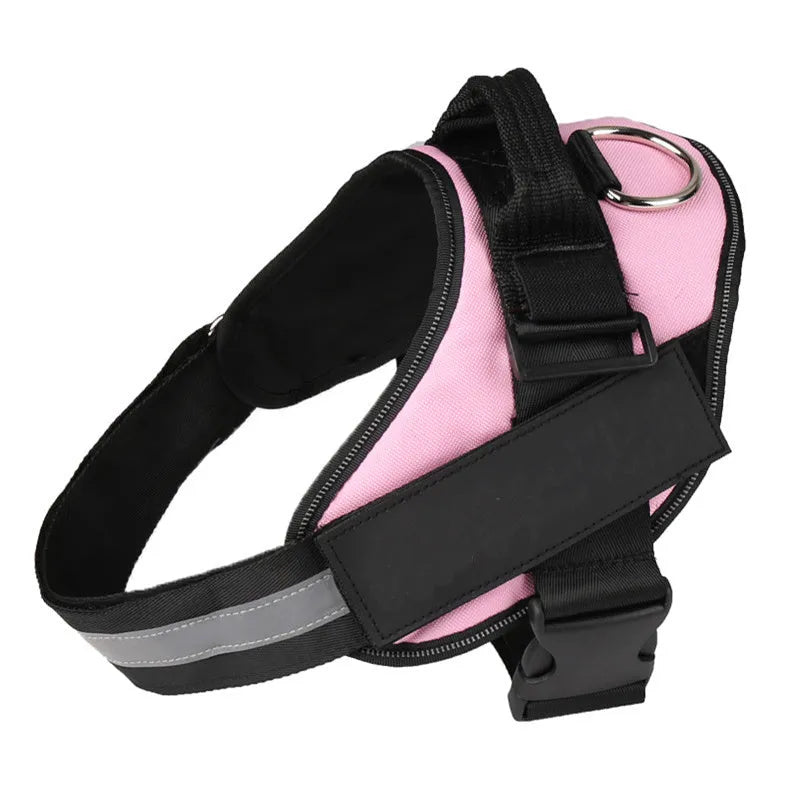 Adjustable nylon dog harness vest with reflective strips and a handle in a selection of colours.