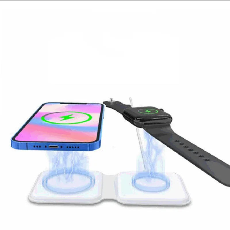 White magnetic wireless charger with foldable stand charging two smartphones simultaneously