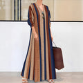 Camel coloured vertical striped V-neck long dress with A-line skirt and long sleeves