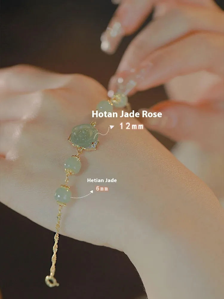 Women's bracelet with carved Hetian jade rose and 14K gold plating, literary style floral design