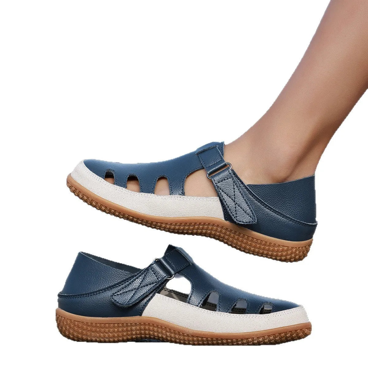 Women's blue plus size flat sandals with hollow-out design and toe cap
