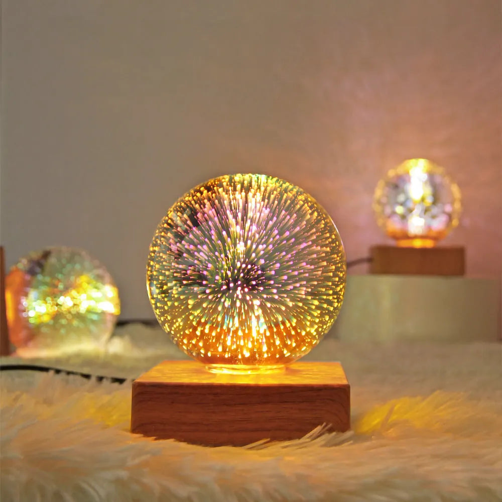 Spherical crystal ball night light with USB plug showing starry sky pattern illumination