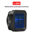 Black SANYK 1.33x anamorphic widescreen lens attached to smartphone for cinematic video recording