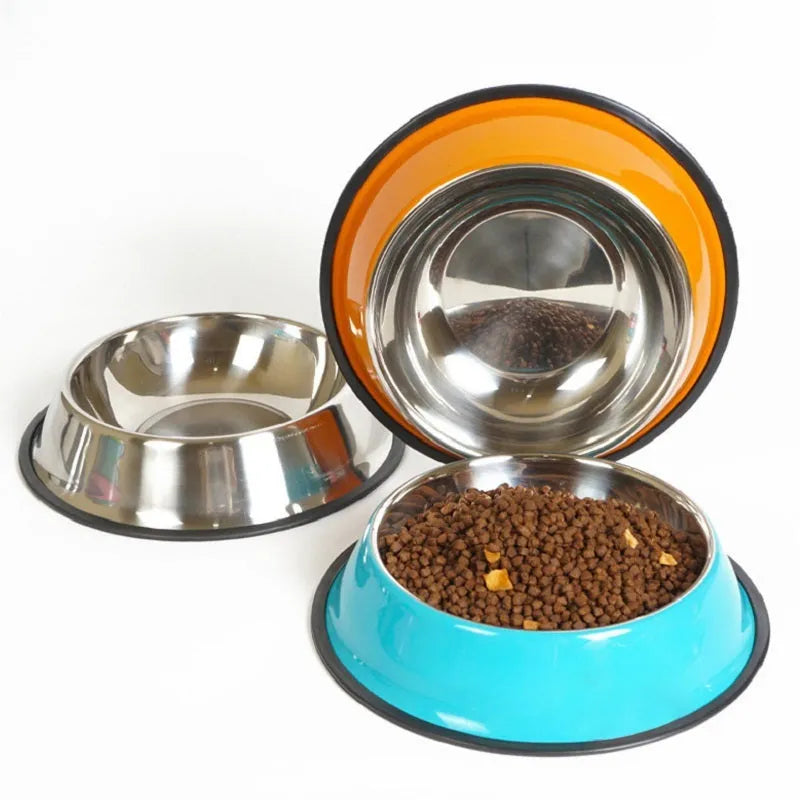 Stainless steel pet bowl with colourful melamine exterior and non-slip base for pet feeding