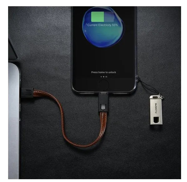 Short leather-wrapped USB-C to Lightning charging cable in black, brown, or red colour with zinc alloy connector