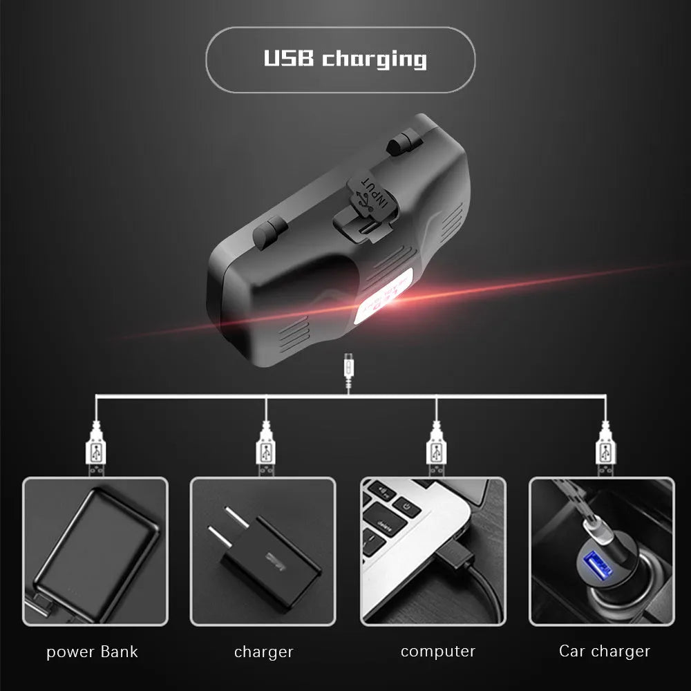 T6 LED headlamp with zoomable head, showing white, red, and green light options, powered by 18650 batteries